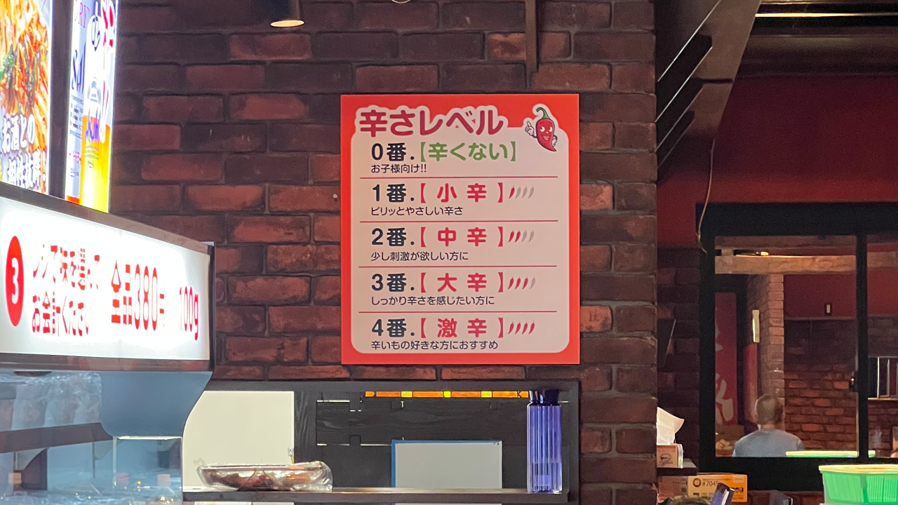 麻辣湯の辛さレベルを0番から4番まで説明する案内看板